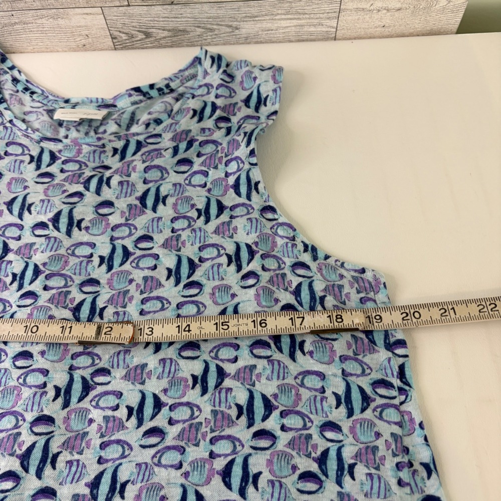 J. Jill Tank Top Women Medium Blue Tropical Fish Print 100% Linen Sleeveless - Picture 5 of 8